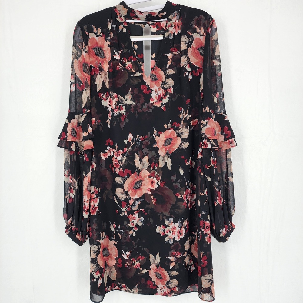 White House‎ Black Market Floral Mock Neck Ruffle Sleeve Shift Dress Black XS